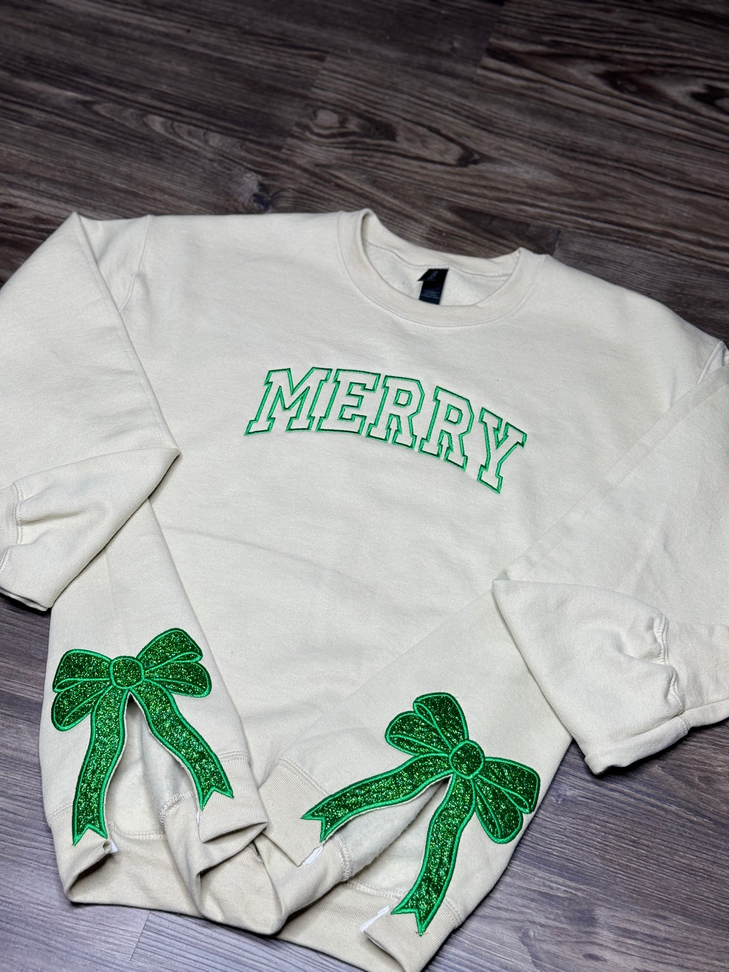 Custom Merry Sweatshirt, Embroidered Two Side Bows Cut-Out Sweatshirt