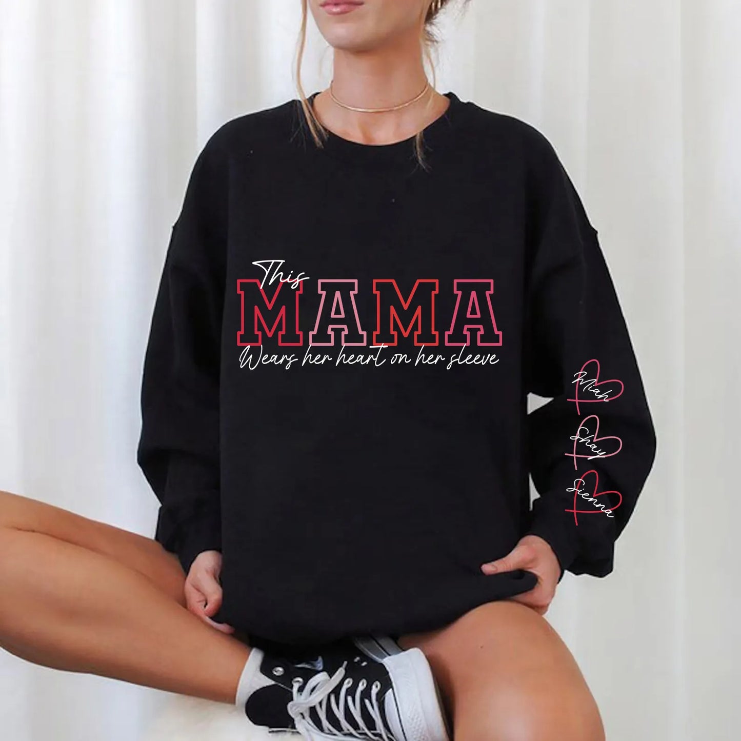 This Mama Wears Her Heart On Her Sleeve - Family Personalized Custom Sweatshirt