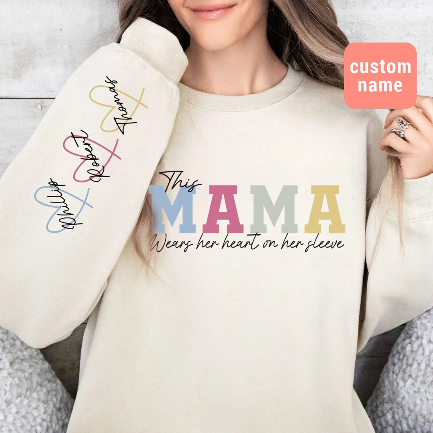 This Mama Wears Her Heart On Her Sleeve - Family Personalized Custom Sweatshirt