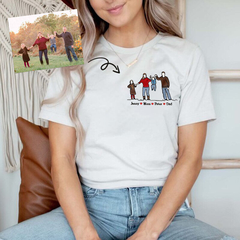 Personalized T-shirt Custom Embroidered Colorful Family Photo with Names Attractive Gift for Parents