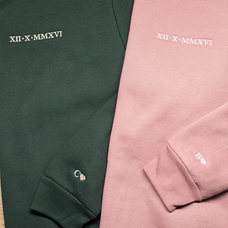 Personalized Embroidered Roman Numerals Couples Matching Sweatshirt, Hoodie