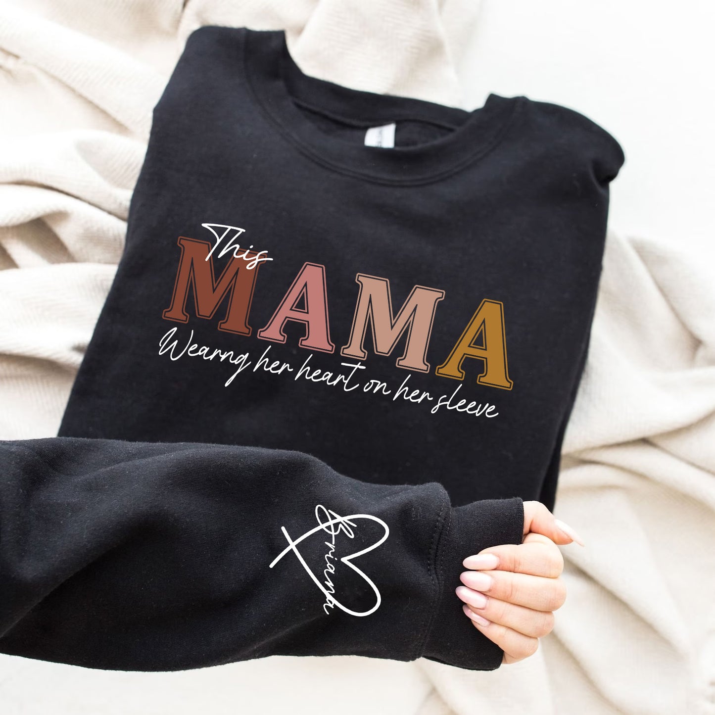 This Mama Wears Her Heart On Her Sleeve - Family Personalized Custom Sweatshirt