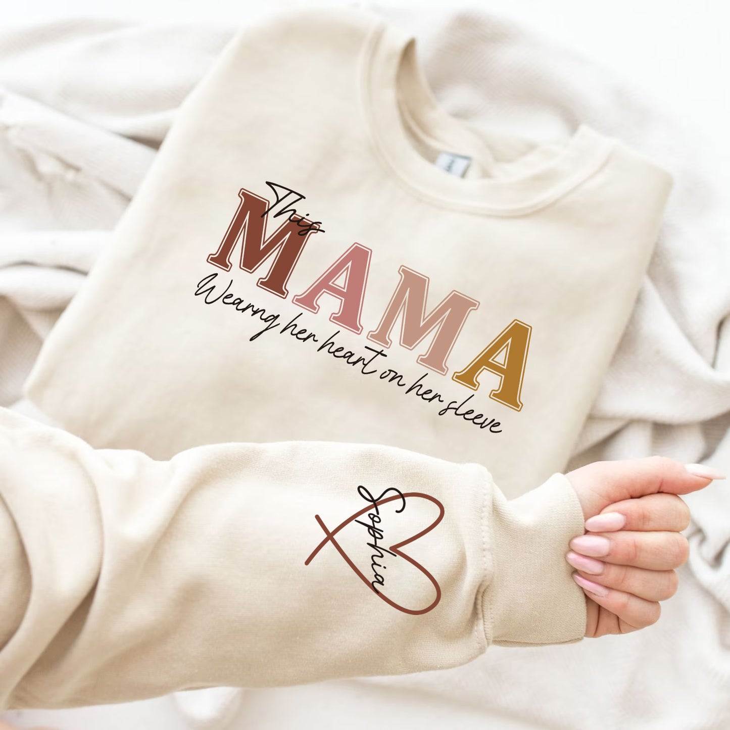 This Mama Wears Her Heart On Her Sleeve - Family Personalized Custom Sweatshirt