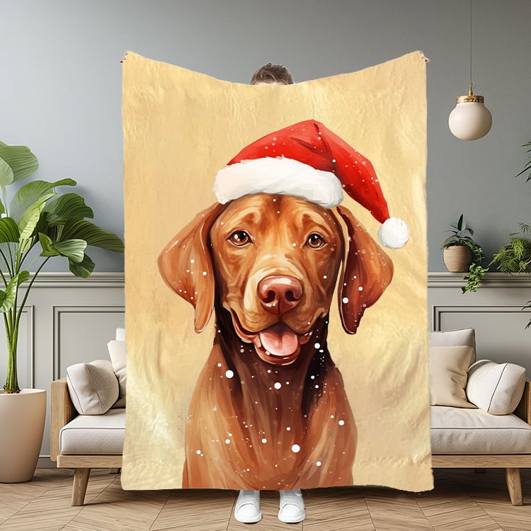 Custom Christmas Pet Portrait Blanket with Santa Hat & Snowflakes