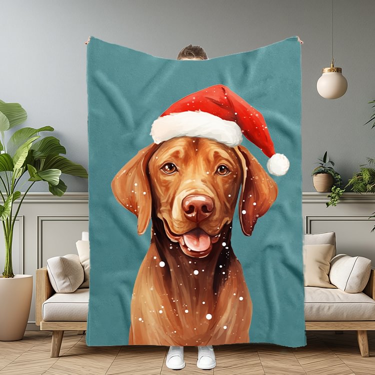 Custom Christmas Pet Portrait Blanket with Santa Hat & Snowflakes