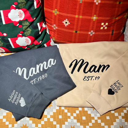 Embroidered Mama EST Year Sweatshirt with Names on the Sleeve