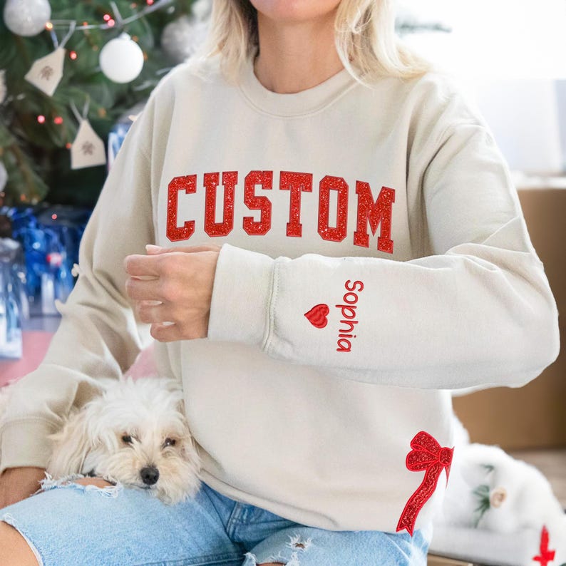 Custom Merry  Sweatshirt, Embroidered Two Side Bows Cut-Out Sweatshirt