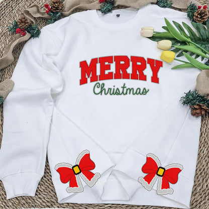 Merry Christmas Red Side Bow Embroidered Sweatshirt