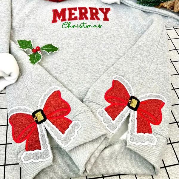 Merry Christmas Red Side Bow Embroidered Sweatshirt