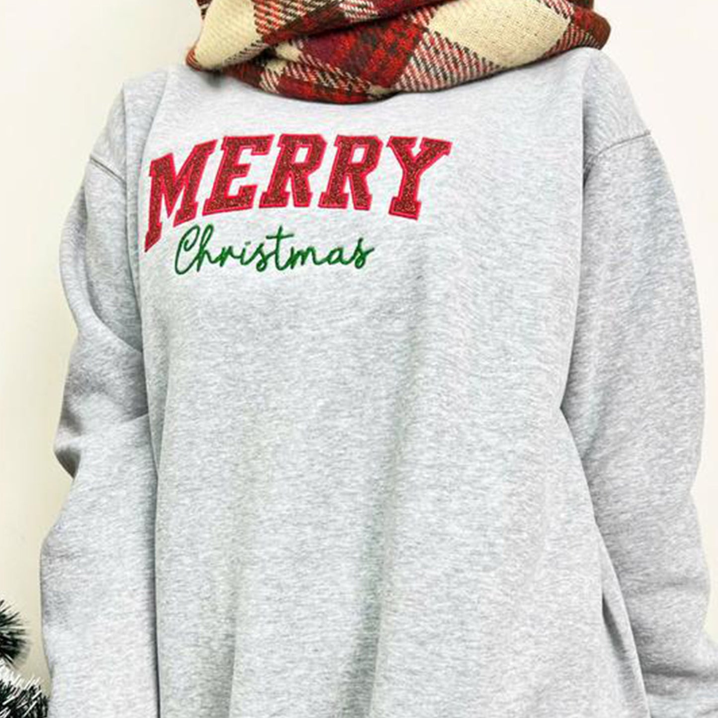 Merry Christmas Red Side Bow Embroidered Sweatshirt