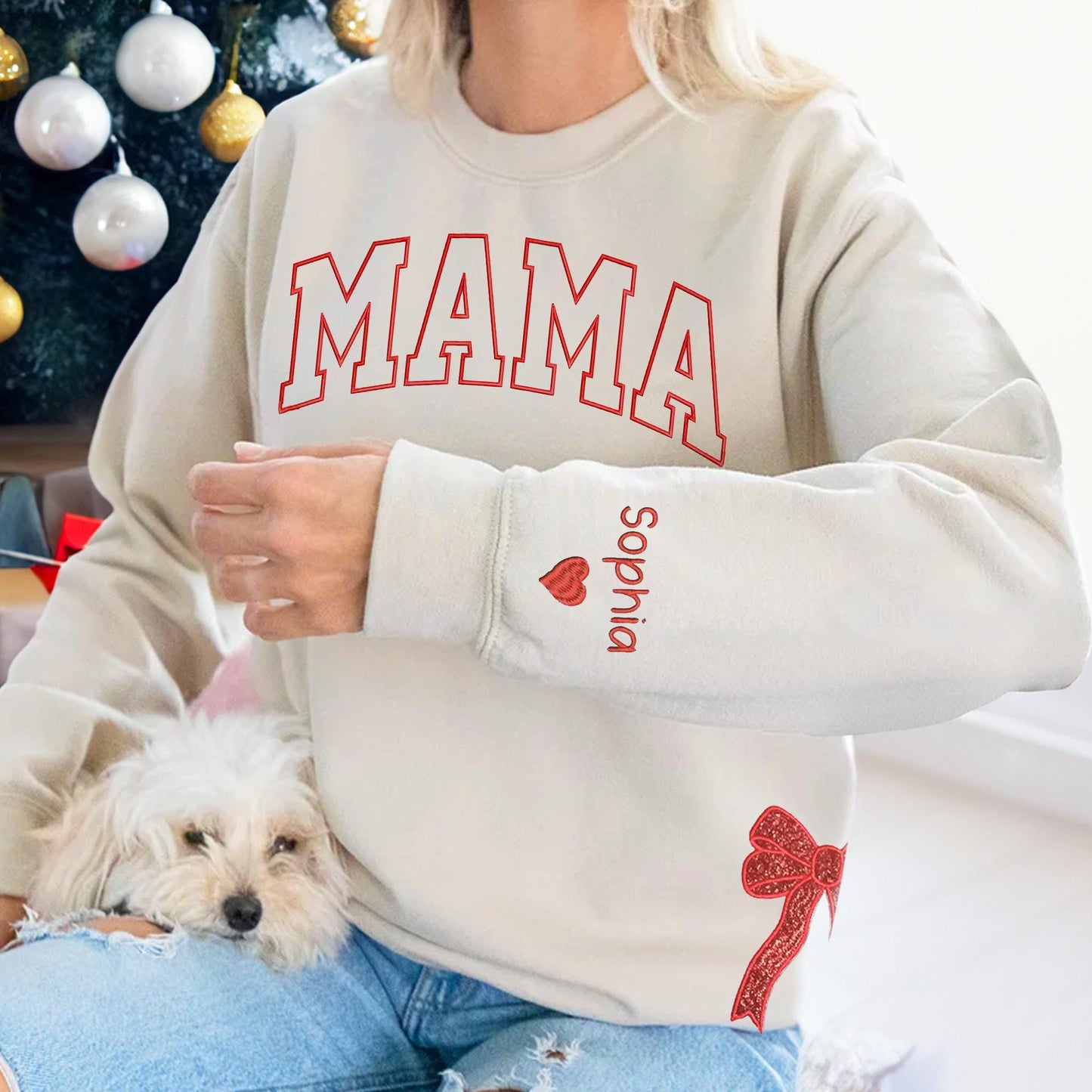 Custom Merry  Sweatshirt, Embroidered Two Side Bows Cut-Out Sweatshirt