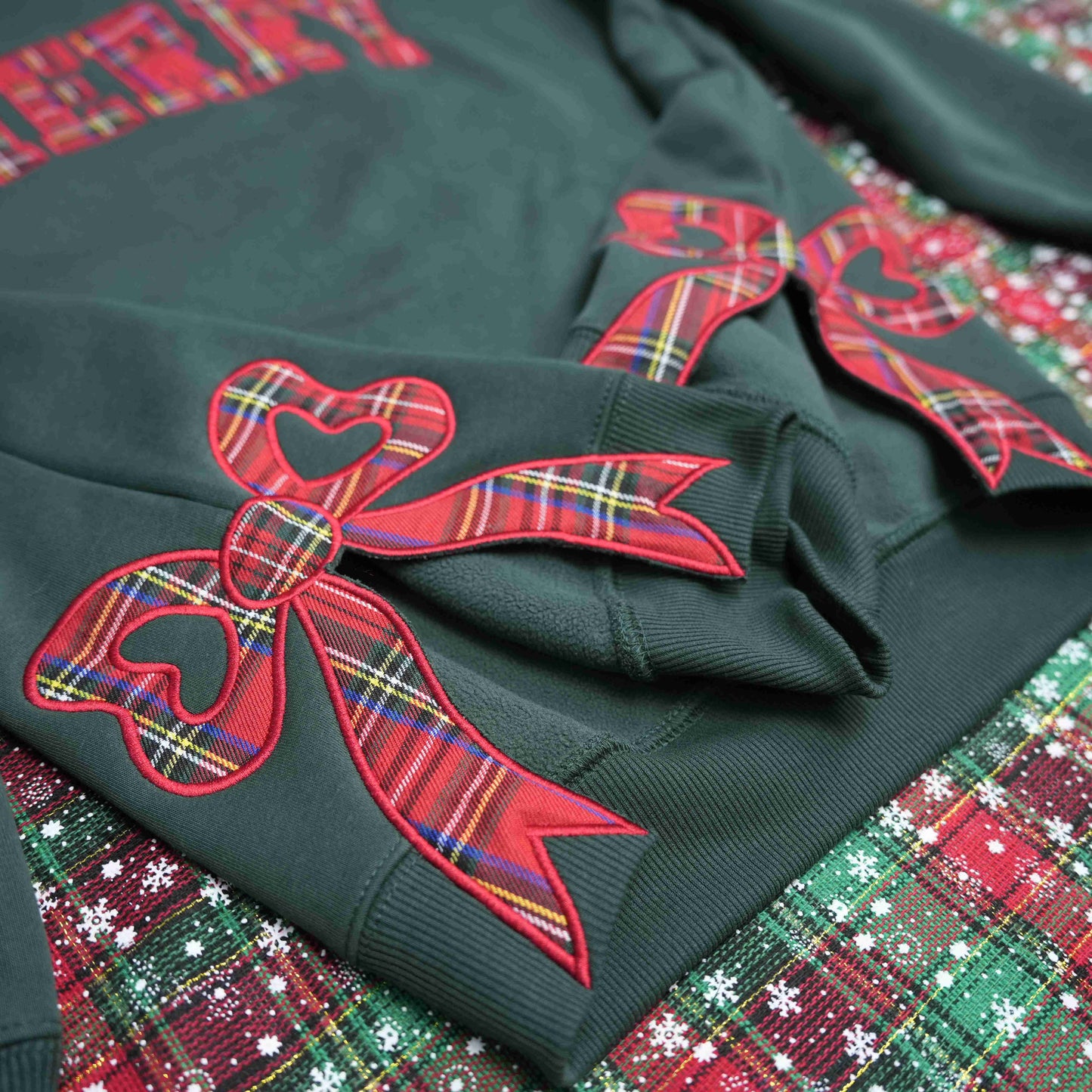 Plaid Christmas Sweatshirt, Merry Side Bow Cut-Out Sweatshirt