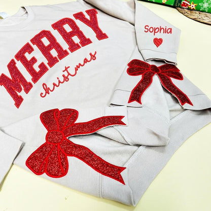 Merry Side Bow Cut-Out Sweatshirt With Glitter