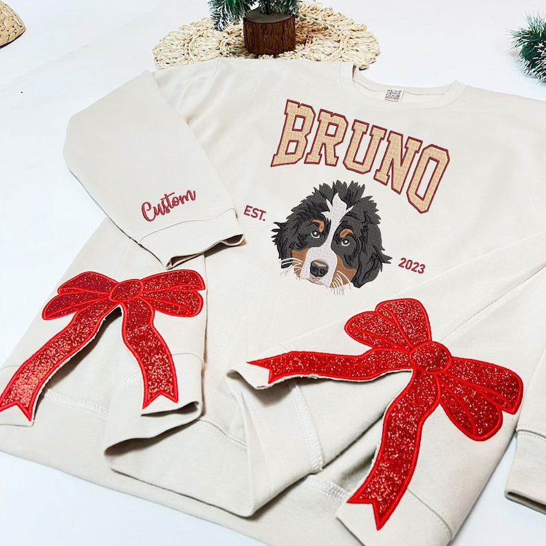 Custom Pet Portrait Embroidered Sweatshirt With Trendy Side Bow and Glitter