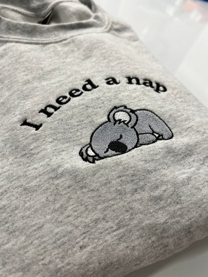 I Need a Nap Koala Custom Embroidered Crewneck