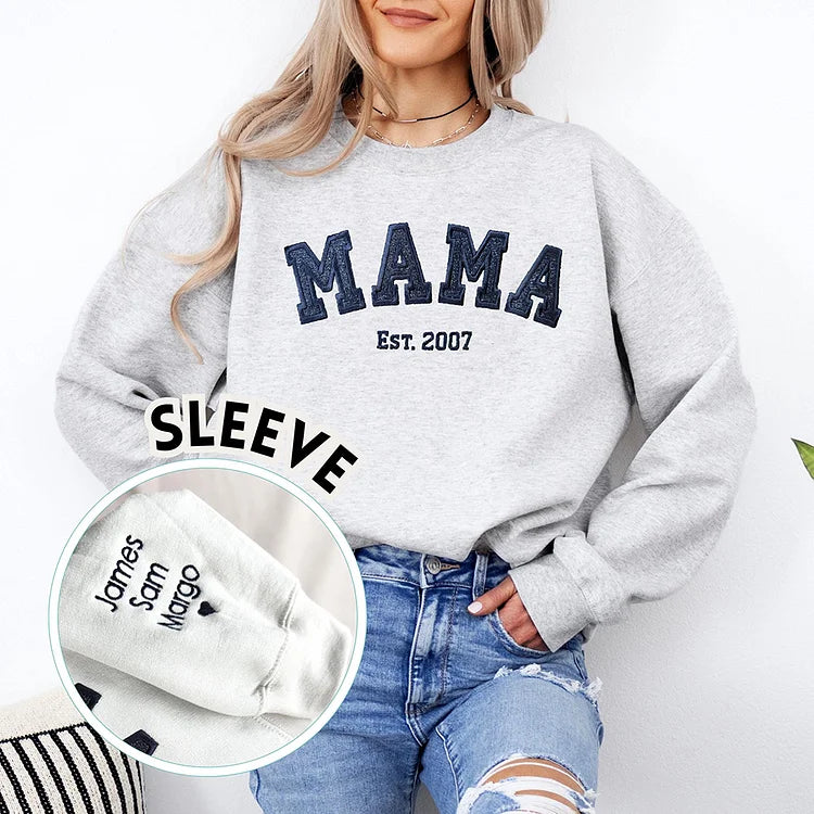 Personalized Mama EST Embroidered Glitter Sweatshirt With Kids Names