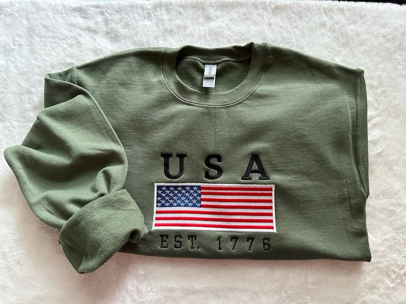 Custom USA EST 1776 Embroidery Sweatshirt, US Flag Sweatshirt