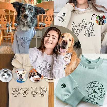 Custom Pet Face Line Drawing Embroidered Sweatshirts/Hoodies