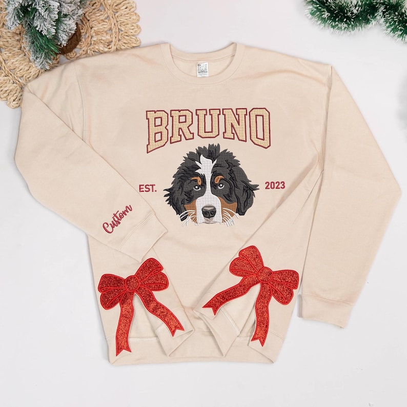 Custom Pet Portrait Embroidered Sweatshirt With Trendy Side Bow and Glitter