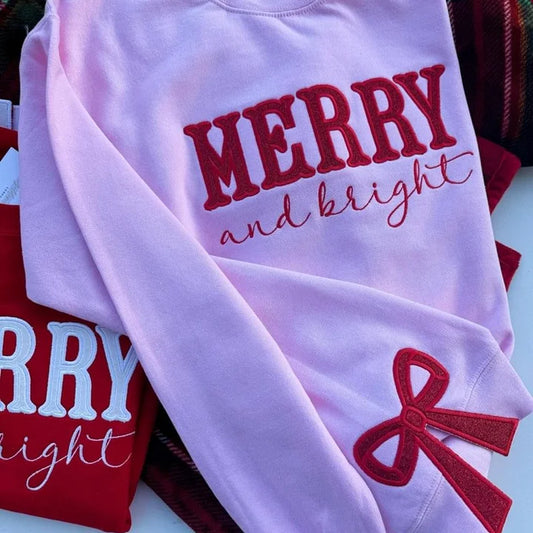 'Merry and Bright' Embroidered Side Bow Cut-Out Sweatshirt