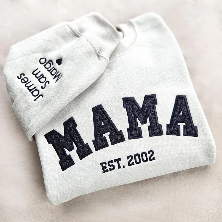 Personalized Mama EST Embroidered Glitter Sweatshirt With Kids Names