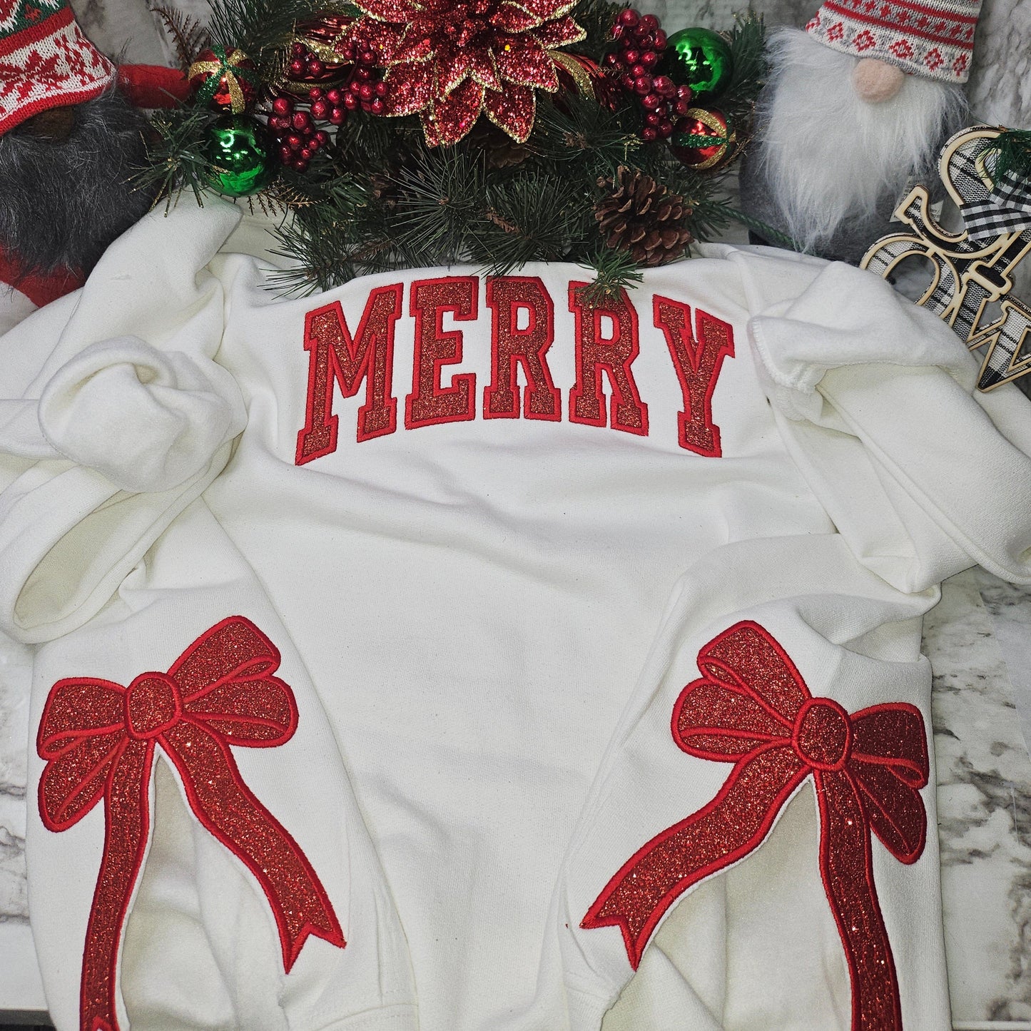 Custom Merry  Sweatshirt, Embroidered Two Side Bows Cut-Out Sweatshirt