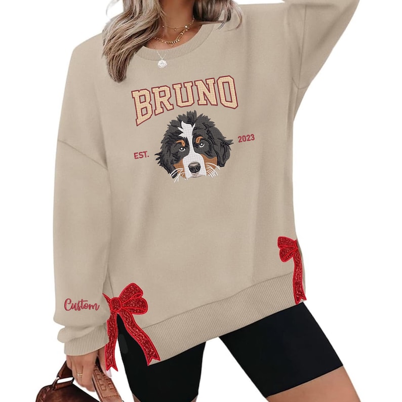 Custom Pet Portrait Embroidered Sweatshirt With Trendy Side Bow and Glitter