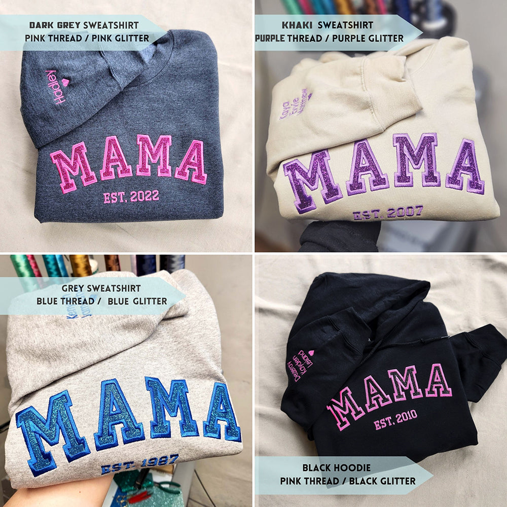 Personalized Mama EST Embroidered Glitter Sweatshirt With Kids Names