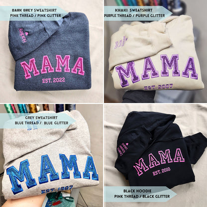 Personalized Mama EST Embroidered Glitter Sweatshirt With Kids Names