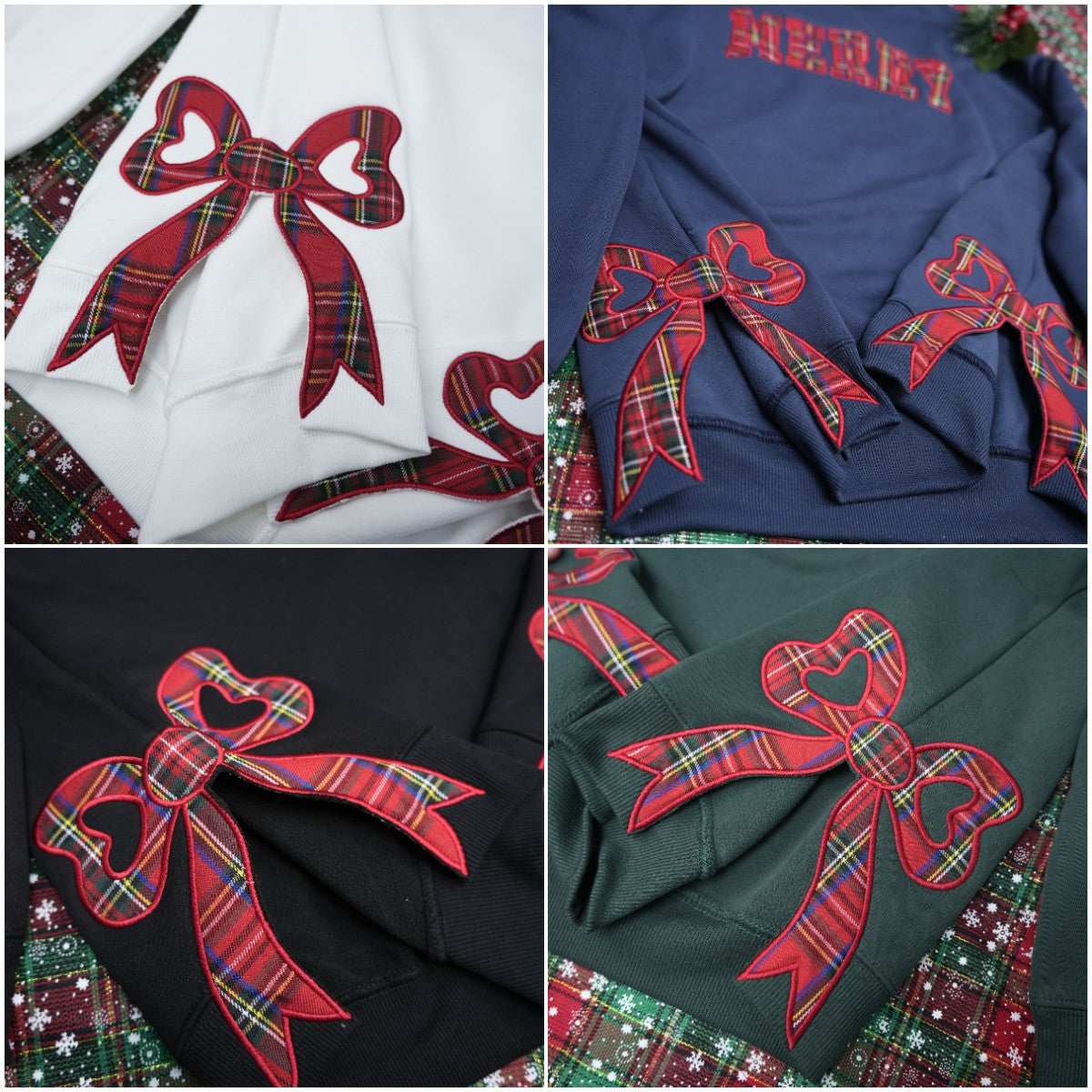 Plaid Christmas Sweatshirt, Merry Side Bow Cut-Out Sweatshirt