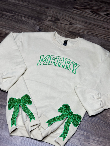 Custom Merry  Sweatshirt, Embroidered Two Side Bows Cut-Out Sweatshirt