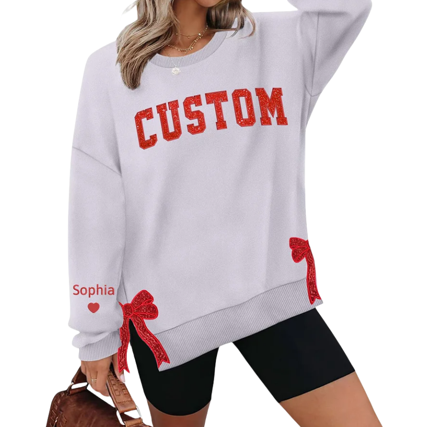 Custom Merry  Sweatshirt, Embroidered Two Side Bows Cut-Out Sweatshirt