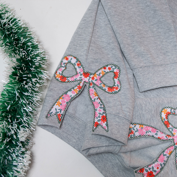 Embroidered Applique Side Bow Sweatshirt, Hoodie