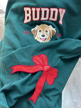 Custom Pet Portrait Embroidered Sweatshirt With Trendy Side Bow and Glitter