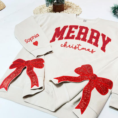 Merry Side Bow Cut-Out Sweatshirt With Glitter