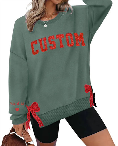 Custom Merry  Sweatshirt, Embroidered Two Side Bows Cut-Out Sweatshirt