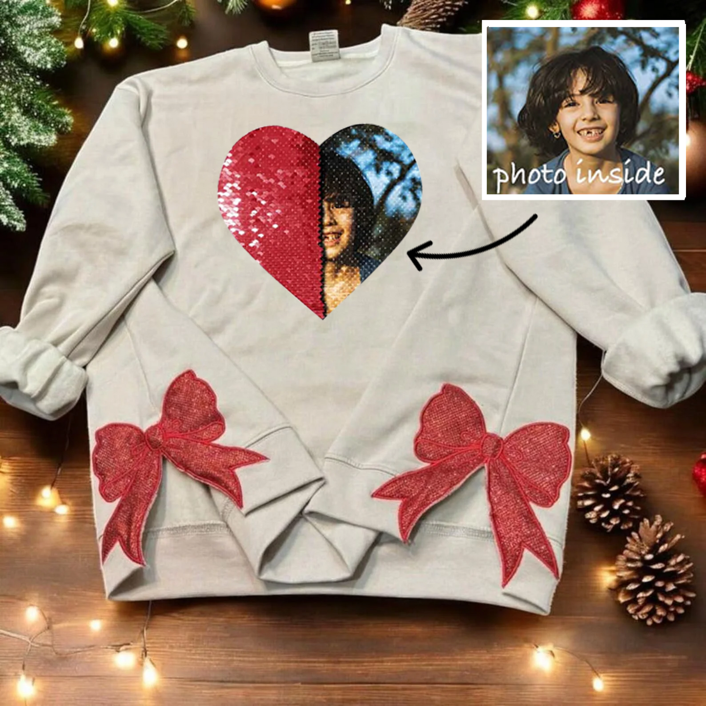 Custom Photo Embroidered Christmas Bow Flip Sequin Sweatshirt