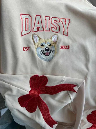 Custom Pet Portrait Embroidered Sweatshirt With Trendy Side Bow and Glitter