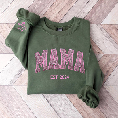 Personalized Mama EST Embroidered Glitter Sweatshirt With Kids Names