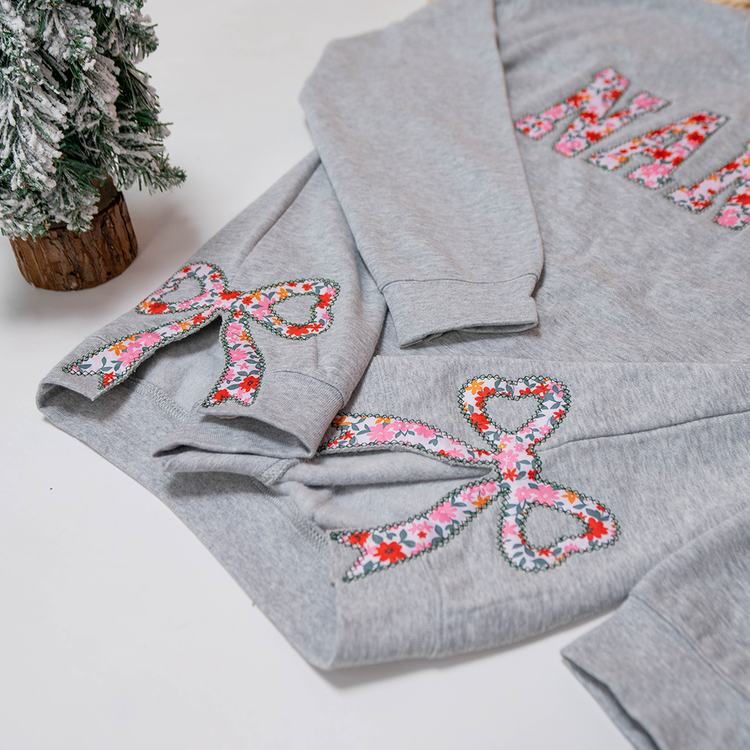 Embroidered Applique Side Bow Sweatshirt, Hoodie