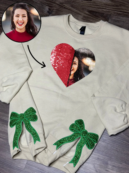 Custom Photo Embroidered Christmas Bow Flip Sequin Sweatshirt