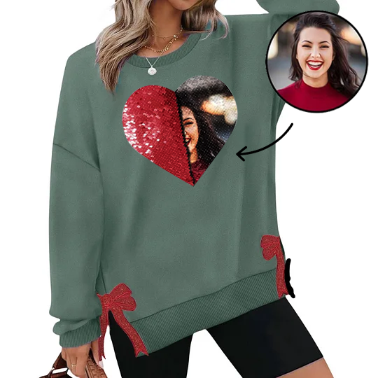 Custom Photo Embroidered Christmas Bow Flip Sequin Sweatshirt