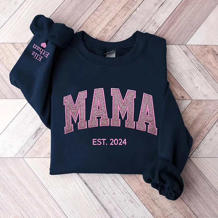 Personalized Mama EST Embroidered Glitter Sweatshirt With Kids Names