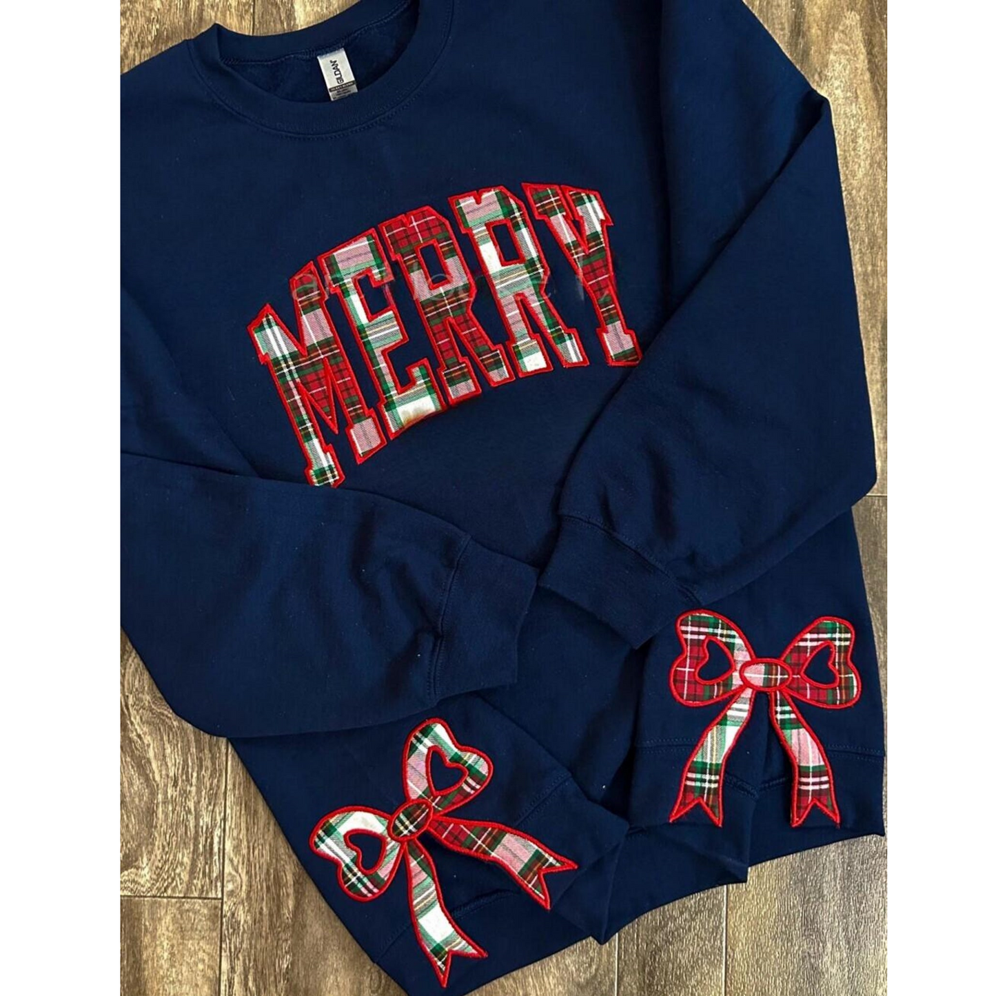 Plaid Christmas Sweatshirt, Merry Side Bow Cut-Out Sweatshirt