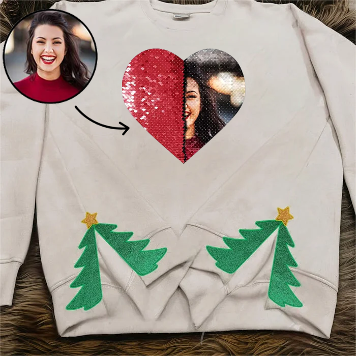 Custom Photo Embroidered Christmas Bow Flip Sequin Sweatshirt