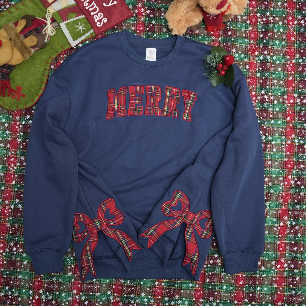 Plaid Christmas Sweatshirt, Merry Side Bow Cut-Out Sweatshirt