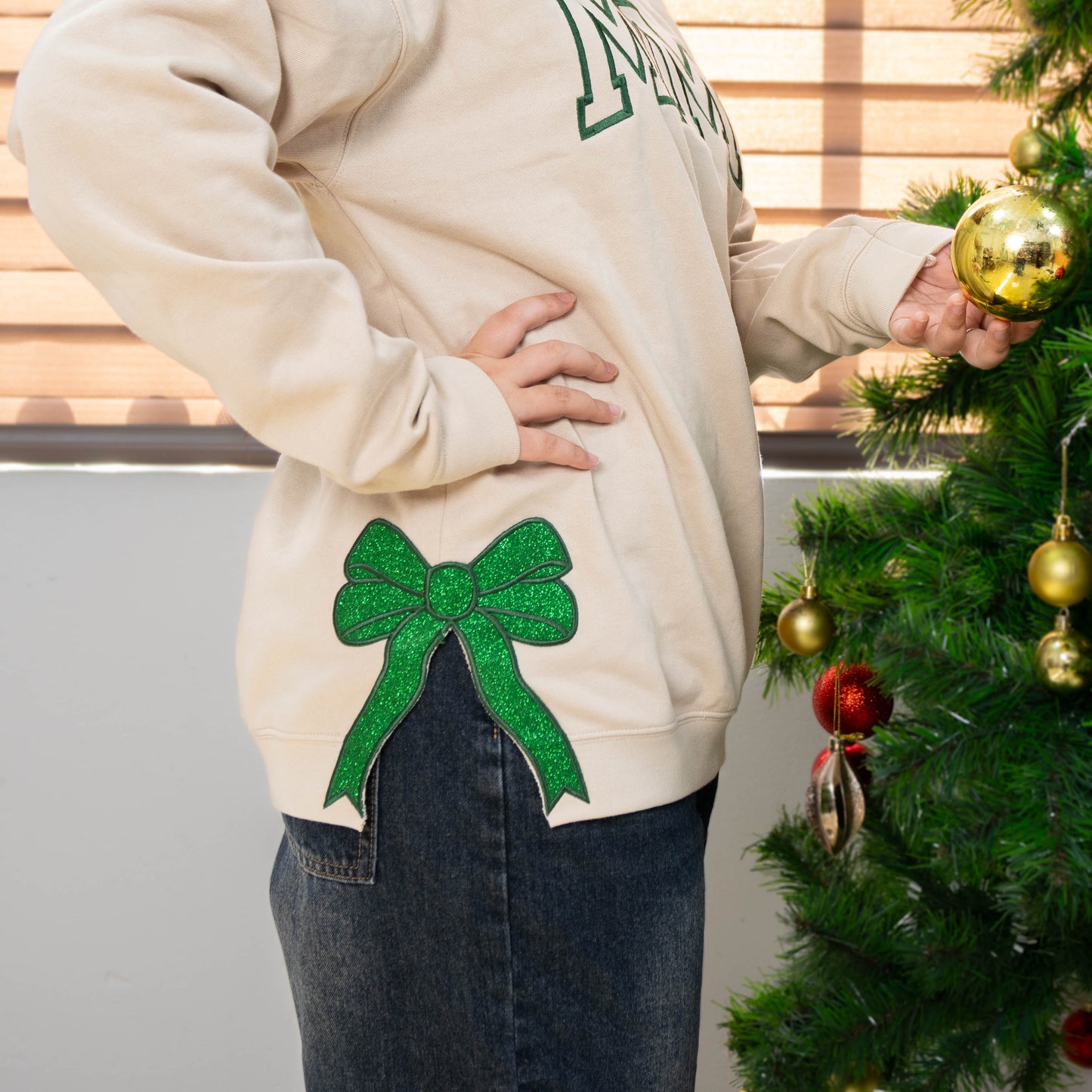 Custom Merry  Sweatshirt, Embroidered Two Side Bows Cut-Out Sweatshirt