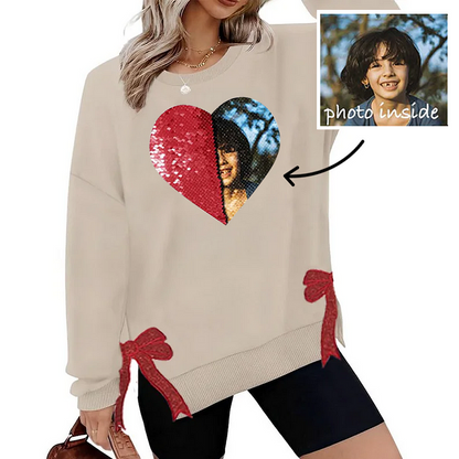 Custom Photo Embroidered Christmas Bow Flip Sequin Sweatshirt