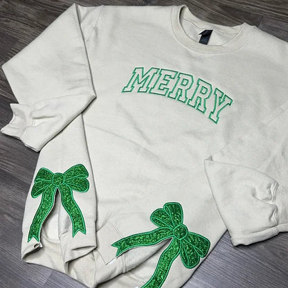 Custom Merry  Sweatshirt, Embroidered Two Side Bows Cut-Out Sweatshirt