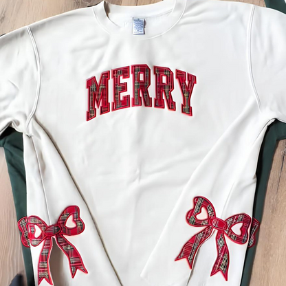 Plaid Christmas Sweatshirt, Merry Side Bow Cut-Out Sweatshirt